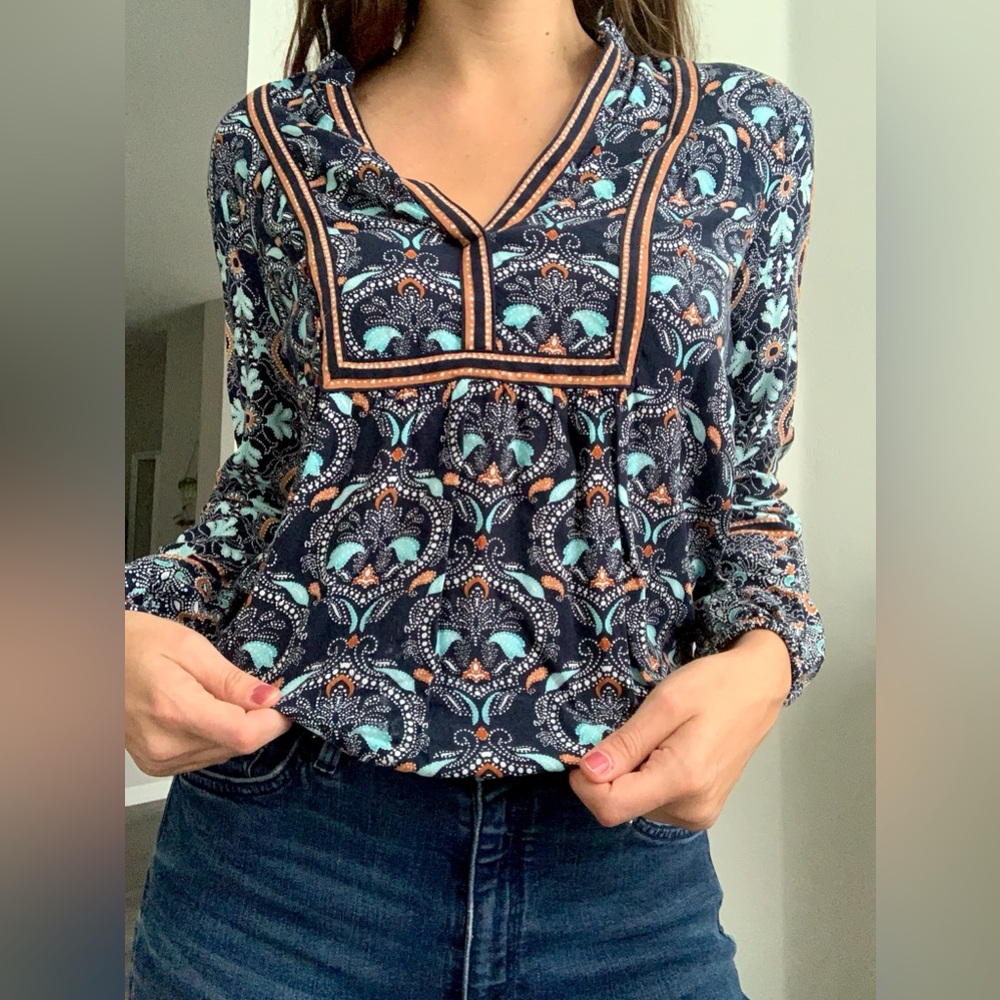 LOFT Navy and Teal Patterned Blouse